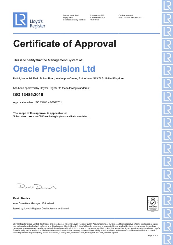 ORACLE 13485 CERTIFICATE